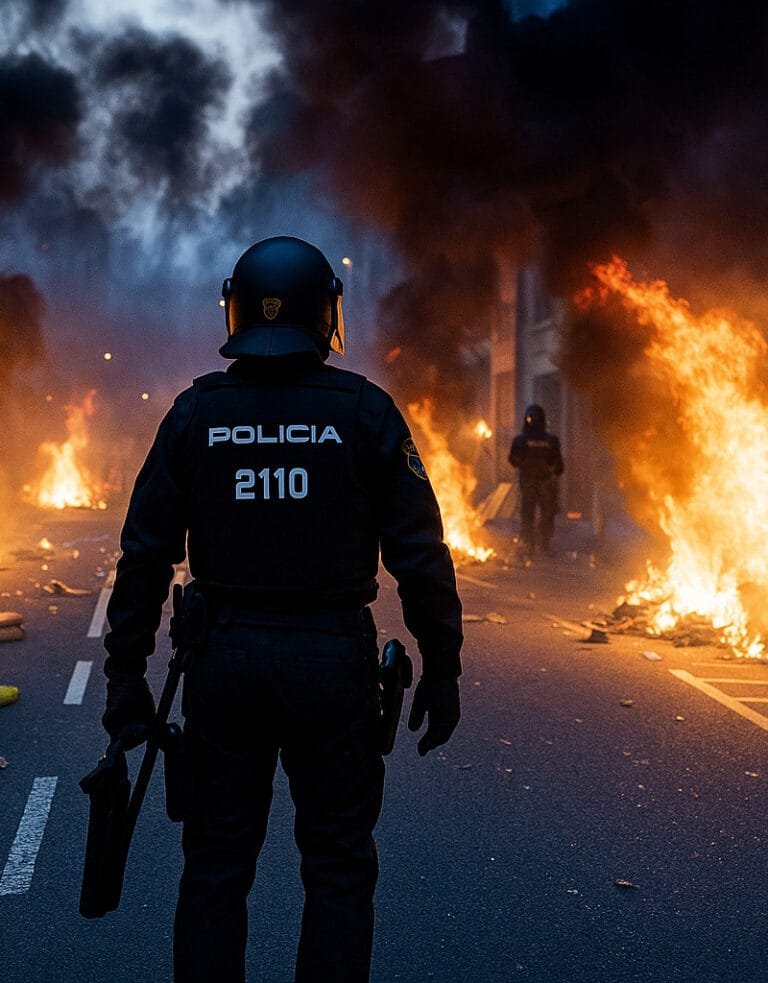 Escena De Disturbio Con Policía Frente A Llamas Y Caos En Una Calle Urbana.