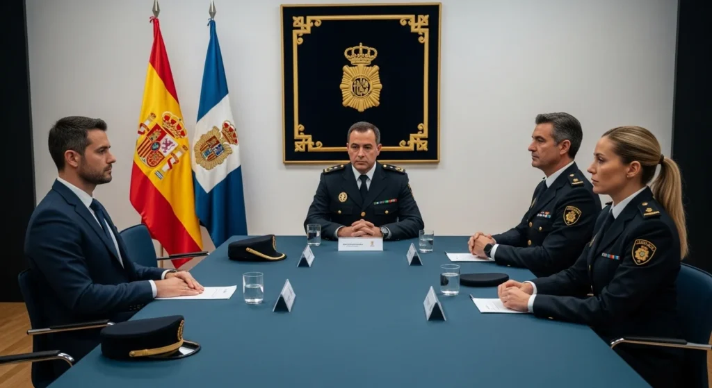 Reunión Formal Institucional En España Con Figuras Uniformadas Y Banderas Españolas Visibles.