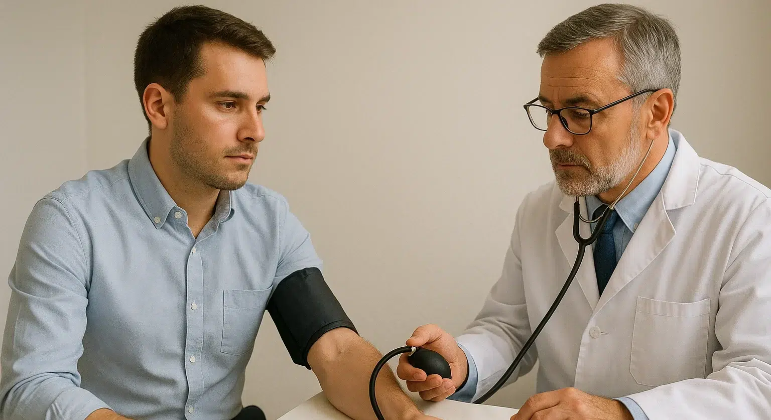 Medición de presión arterial de un paciente por un médico en una consulta clínica.